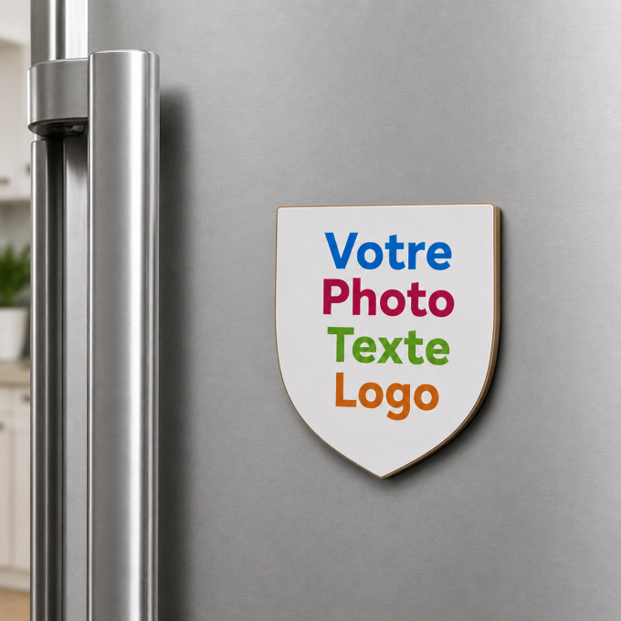 Magnet Blason Personnalisé en MDF avec Photo, Texte ou Logo - 5 x 4 cm