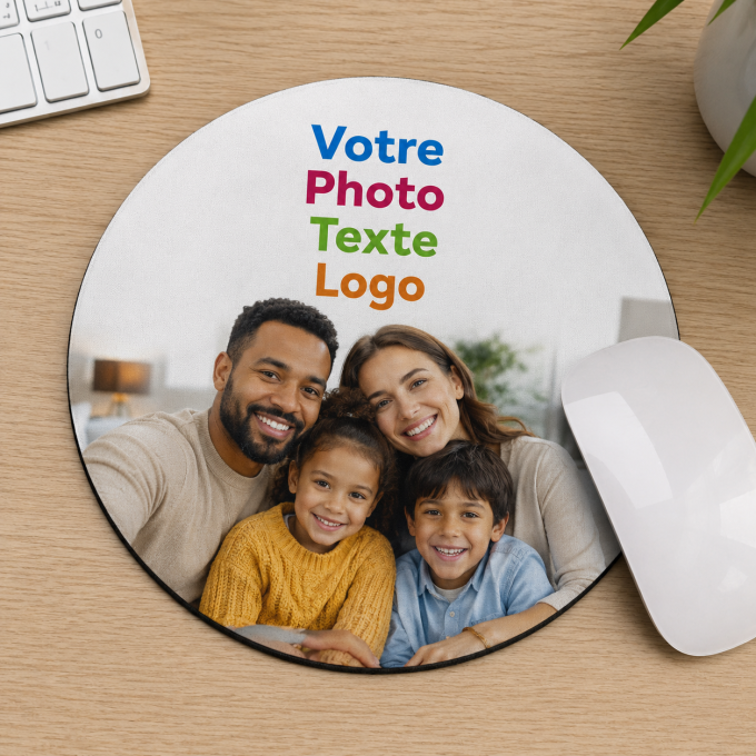 Tapis de souris rond personnalisable avec photo, logo ou texte – Idée cadeau et objet publicitaire