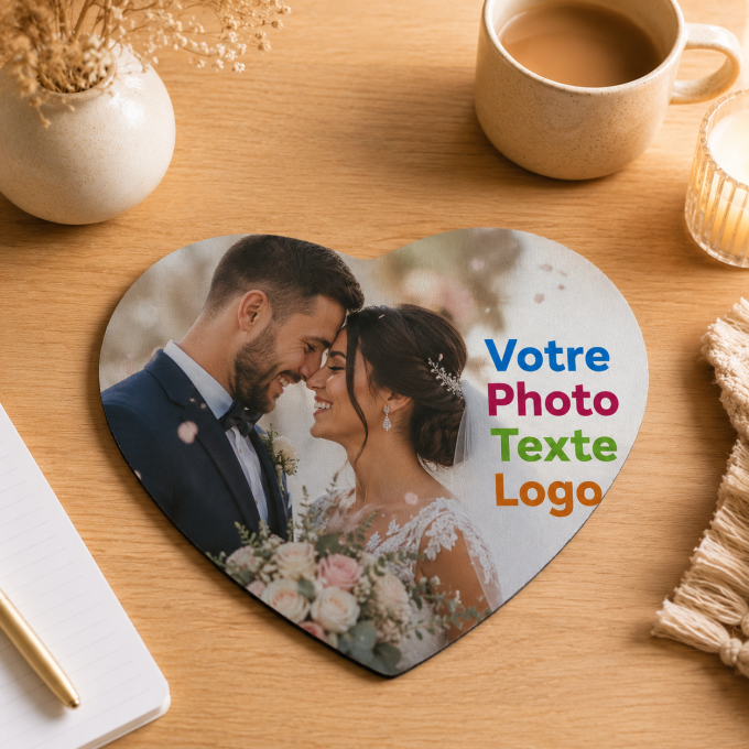 Tapis de souris coeur personnalisable avec photo, logo ou texte – Idée cadeau et objet publicitaire