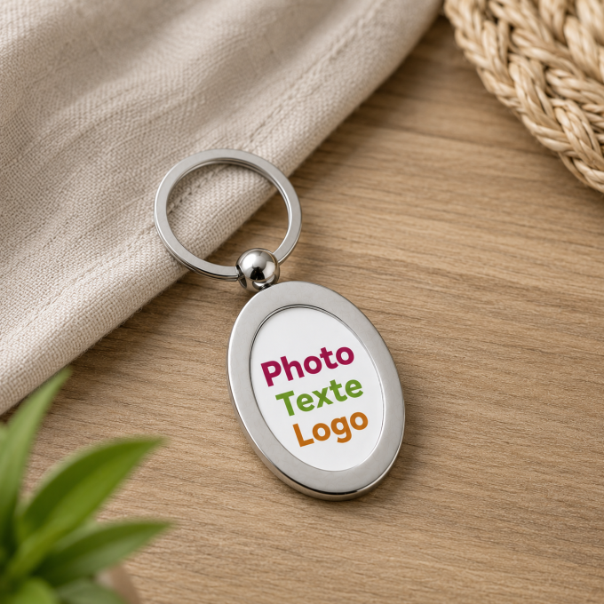 Porte-clés métal ovale personnalisé photo texte logo