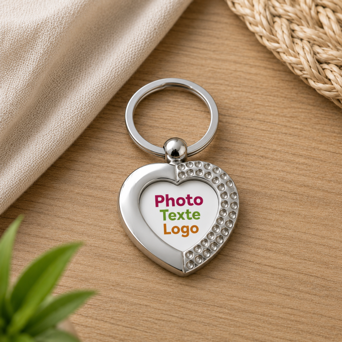 Porte-clés cœur personnalisé photo texte logo métal