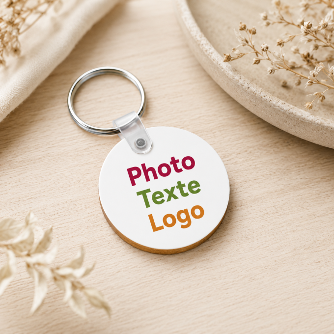 Porte-clés Rond Personnalisé Photo Texte Logo MDF Bois