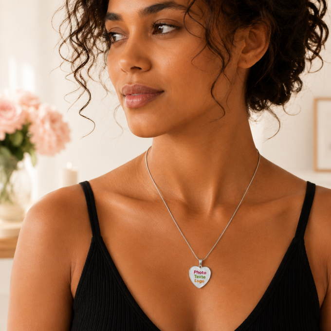 Médaille Cœur Personnalisée Photo, Texte ou Logo avec Chaîne 50 cm