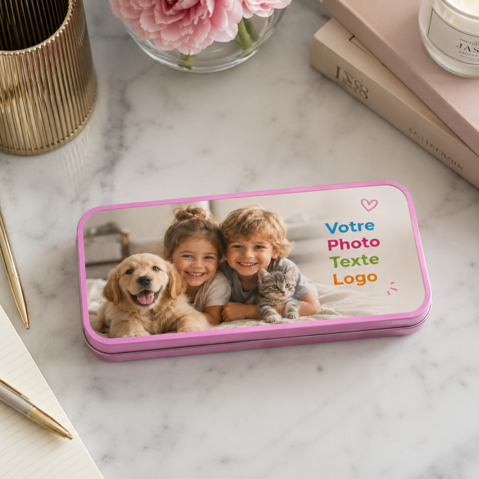 Boîte à crayons personnalisée avec photo, texte ou logo | Yonacrea