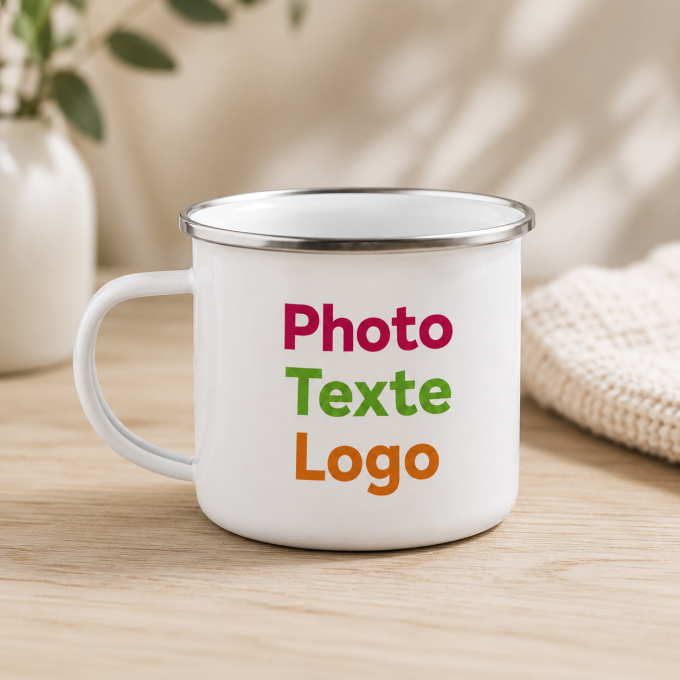 Mug Rétro Personnalisé en Métal Émaillé – Photo, Texte ou Logo