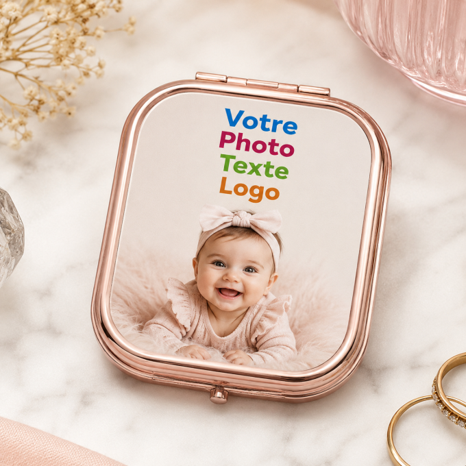 Miroir rose gold d maquillage à personnaliser avec photo, texte ou logo