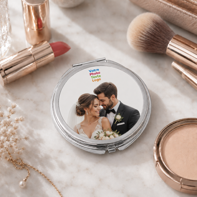 Miroir rond maquillage à personnaliser avec photo, texte ou logo