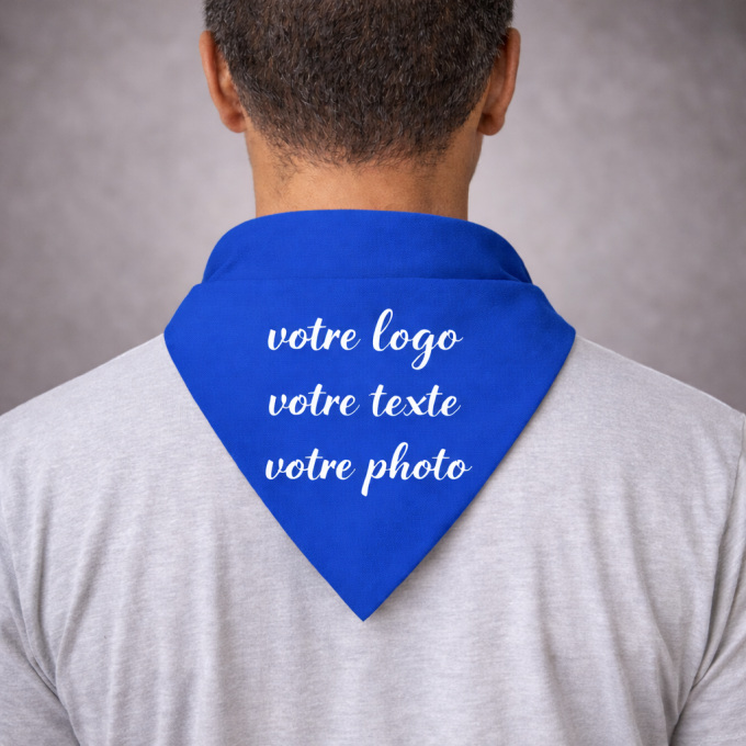 Foulard bandana bleu personnalisé – logo, texte ou photo pour feria et événements entre amis et professionnels