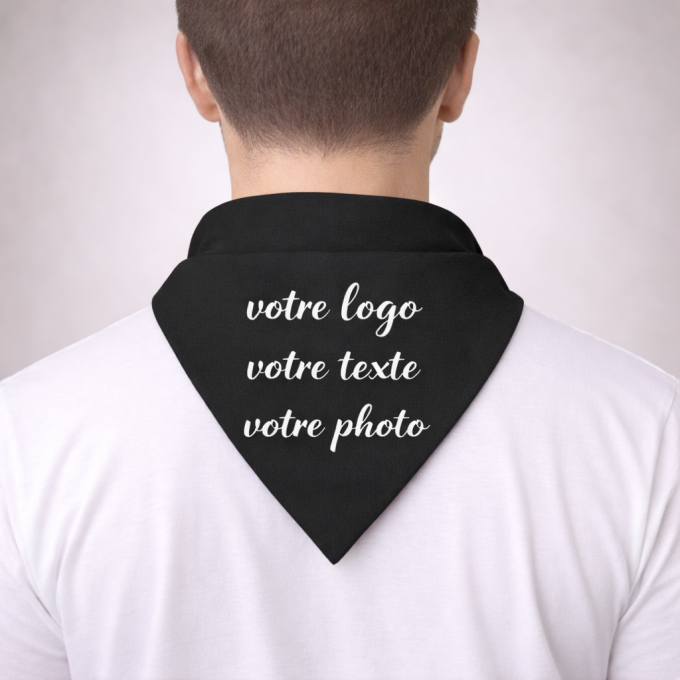 Foulard bandana noir personnalisé – logo, texte ou photo pour feria et événements entre amis et professionnels