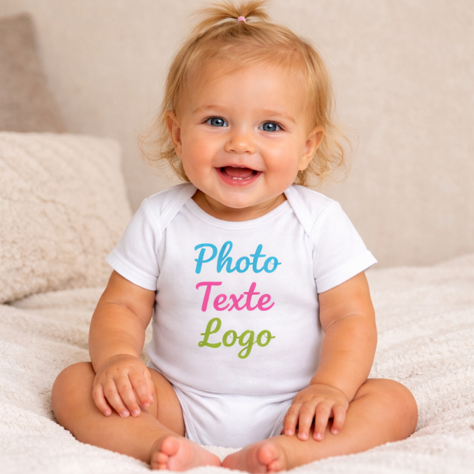 Body bébé personnalisé manches courtes 100% coton – Photo, texte ou logo – Cadeau de naissance original