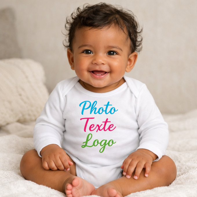 Body bébé personnalisé manches longues 100% coton – Photo, texte ou logo – Cadeau de naissance original