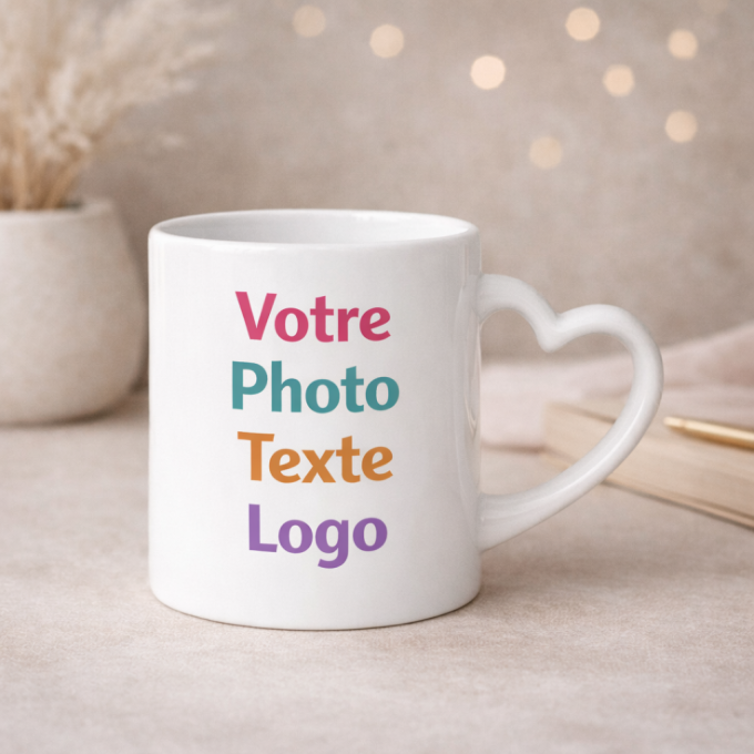 Mug Cœur Personnalisé en Céramique – Photo, Texte et Logo | Cadeau Romantique et Idée Amour Unique