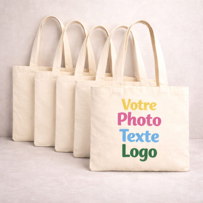 Lot de 5 tote bags coton naturel personnalisables 41x37 cm – logo photo texte – anses longues – EVJF anniversaire goodies entrep