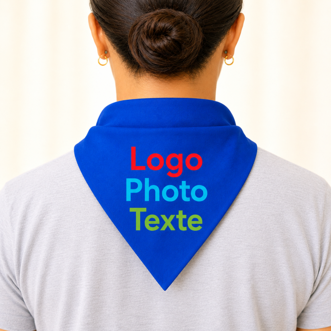Foulard bandana bleu personnalisé – logo, texte ou photo pour feria et événements entre amis et professionnels