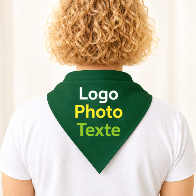 Foulard bandana vert personnalisé – logo, texte ou photo pour feria et événements entre amis et professionnels