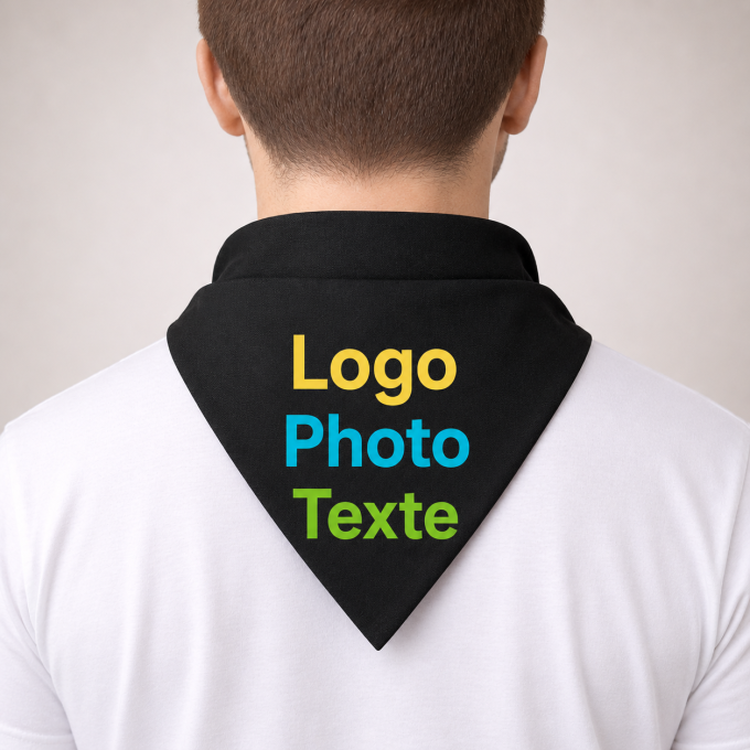 Foulard bandana noir personnalisé – logo, texte ou photo pour feria et événements entre amis et professionnels