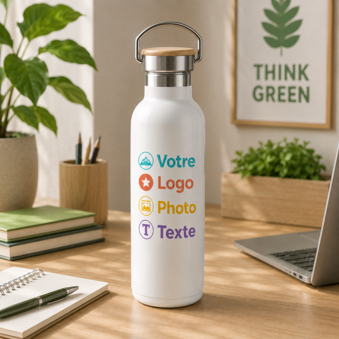 Gourde Écologique Personnalisée 600 ml en Inox et Bambou | Yonacrea